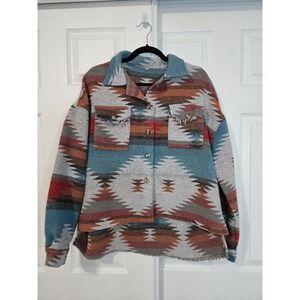 Southwestern Aztec Pattern Shacket Button Front Raw Hem Shirt Jacket Multicolor